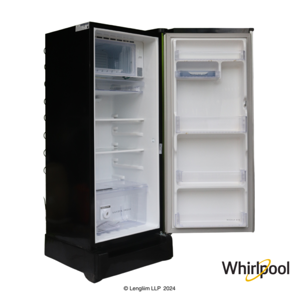 Whirlpool 192 Liters 3 Star Single Door Fridge with Zeolite Technology (Alpha Steel, 73132) Front Angle View with Doors Open