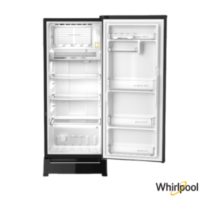 Whirlpool 192 Liters 3 Star Single Door Fridge with Zeolite Technology (Alpha Steel, 73132) Front View with Doors Open Empty