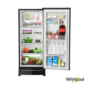 Whirlpool 192 Liters 3 Star Single Door Fridge with Zeolite Technology (Alpha Steel, 73132) Front View with Doors Open & Perks