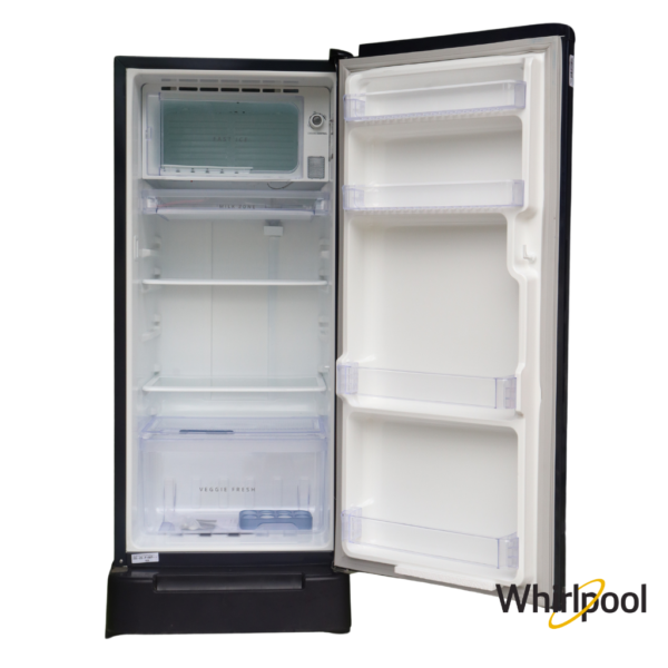 Whirlpool 184 Liters 2 Star Single Door Fridge with Base Stand Drawer (Sapphire Belite, 73214) Front View with Doors Open