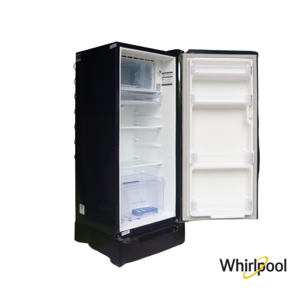 Whirlpool 184 Liters 2 Star Single Door Fridge with Base Stand Drawer (Sapphire Belite, 73214) Front Angle View Door Open