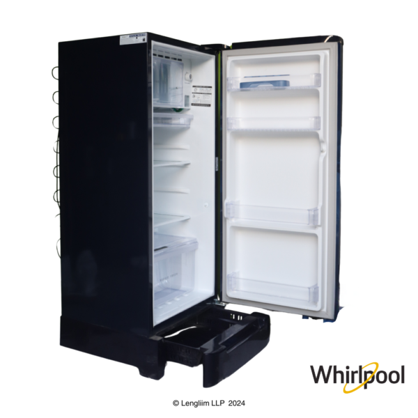 Whirlpool 184 Liters 3 Star Single Door Fridge with Base Stand Drawer (Sapphire Serena, 73218) Front Angle View with Door and Drawer Open