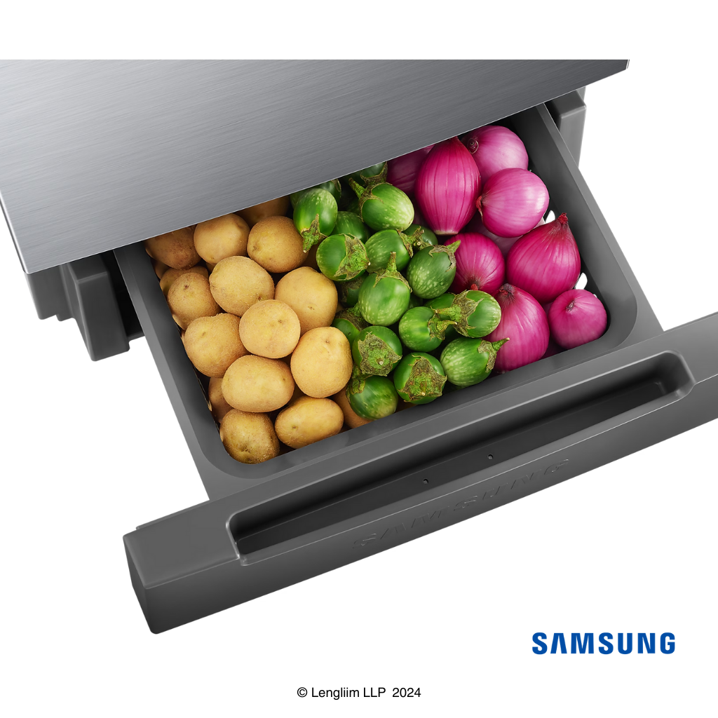 Samsung 236 Liters 2 Star Double Door Fridge with Base Stand Drawer (Elegant Inox, RT28C3832S8) Base Stand View