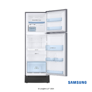 Samsung 236 Liters 2 Star Double Door Fridge with Base Stand Drawer (Elegant Inox, RT28C3832S8) Front View with Open Door Empty