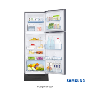 Samsung 236 Liters 2 Star Double Door Fridge with Base Stand Drawer (Elegant Inox, RT28C3832S8) Front View with Open Door