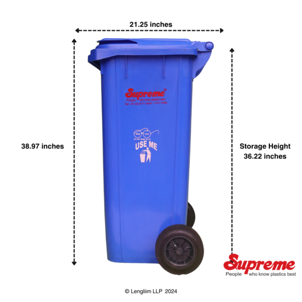 Supreme 120 Liters Dustbin with Wheels (Blue) Dimensions Side View