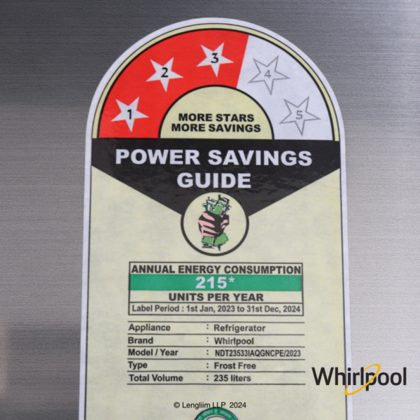 Whirlpool 235 Liters 3 Star Double Door Fridge (German Steel, 21990) Energy Rating Label