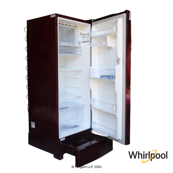 Whirlpool 192 Liters 3 Star Single Door Fridge with Base Drawer (Wine Forest, 72469) Front Angle View with Door and Drawer Open