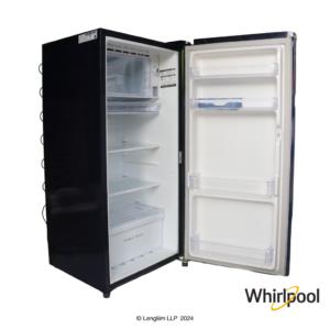 Whirlpool 180 Liters 1 Star Single Door Fridge (Sapphire Gloria, 72476) Front Angle View with Door Open