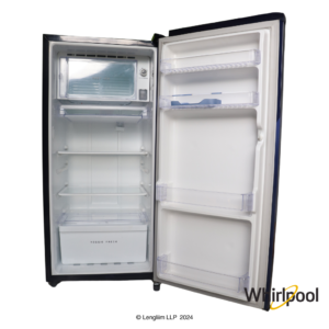 Whirlpool 180 Liters 1 Star Single Door Fridge (Sapphire Gloria, 72476) Front View with Door Open