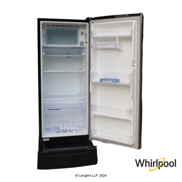 Whirlpool 192 Liters 4 Star Single Door Fridge with Base Drawer (Steel Onyx, 72584) Front View with Door Open