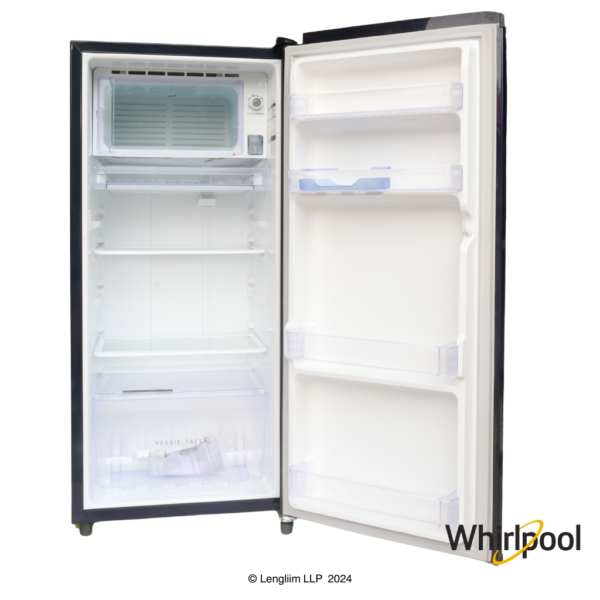 Whirlpool 184 Liters 2 Star Single Door Fridge (Sapphire Belita, 73212) Front View with Doors Open