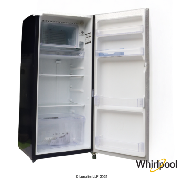 Whirlpool 184 Liters 2 Star Single Door Fridge (Sapphire Belita, 73212) Front Angle View with Doors Open