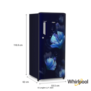 Whirlpool 184 Liters 2 Star Single Door Fridge (Sapphire Belita, 73212) Front Angle Dimensions View