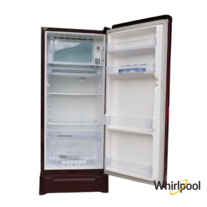 Whirlpool 184 Liters 3 Star Single Door Fridge with Base Drawer (Wine Serena, 73252) Front View with Door Open