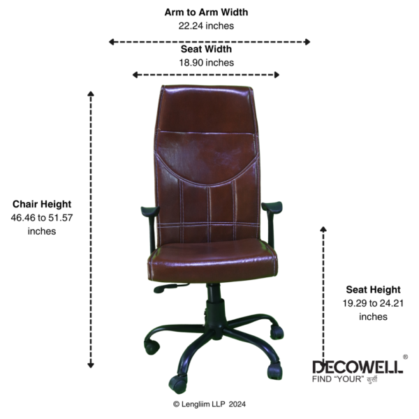 Decowell DC 75N High Back Office Chair (Brown, Steel Base) Dimensions A