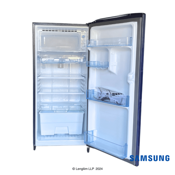 Samsung 184 Liters 1 Star Single Door Fridge (Mystic Overlay Blue, RR19C2YCZ6R) Front View with Door Open