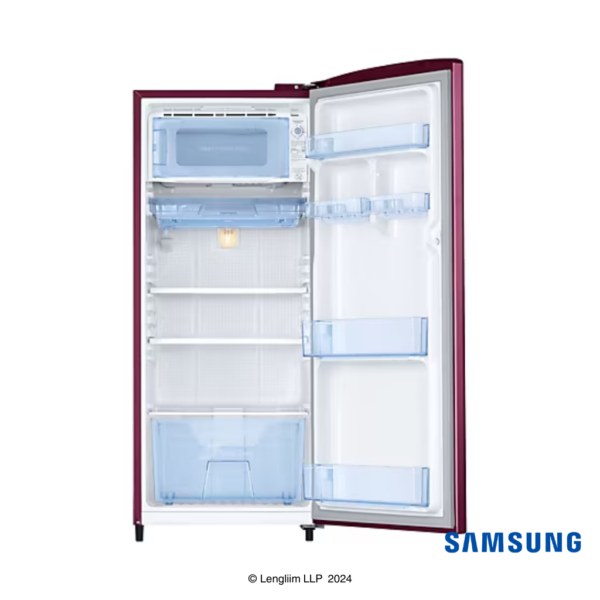 Samsung 183 Liters 2 Star Single Door Fridge (Blooming Saffron Red, RR20C2712R8) Front View with Door Open