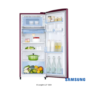 Samsung 183 Liters 2 Star Single Door Fridge (Blooming Saffron Red, RR20C2712R8) Front View with Door Open Stuffed