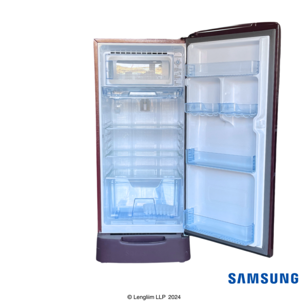 Samsung 183 Liters 3 Star Single Door Fridge with Base Stand Drawer (Midnight Blossom Red, RR20D1823RZ) Front View with Door Open