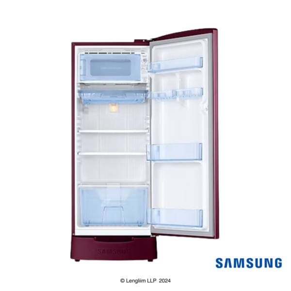 Samsung 183 Liters 2 Star Single Door Fridge with Base Stand Drawer (Blooming Saffron Red, RR20C1812R8) Front View with Door Open