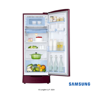 Samsung 183 Liters 2 Star Single Door Fridge with Base Stand Drawer (Blooming Saffron Red, RR20C1812R8) Front View with Door Open with Props