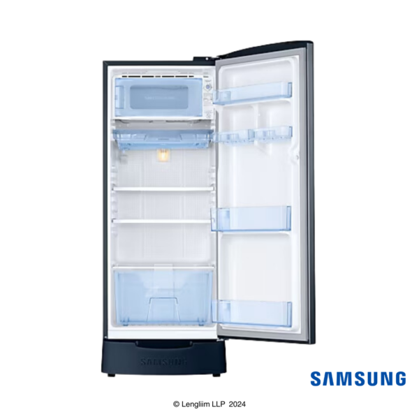 Samsung 183 Liters 2 Star Single Door Fridge with Base Stand Drawer (Blooming Saffron Blue, RR20C1812U8) Front View with Door Open Empty