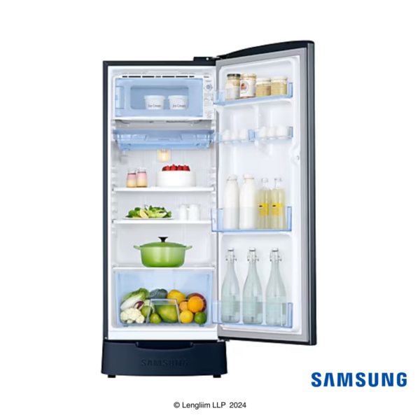 Samsung 183 Liters 2 Star Single Door Fridge with Base Stand Drawer (Blooming Saffron Blue, RR20C1812U8) Front View with Door Open Empty with Props