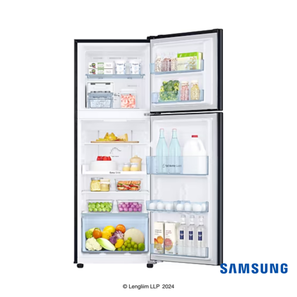 Samsung 236 Liters 2 Star Double Door Refrigerator (Camellia Blue, RT28C3022CU) Front View with Door Open with Props