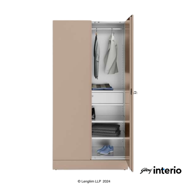 Godrej Interio Auraline Men Basic 2 Door Almirah (Textured Affogato) Front View with one Door Open & Props