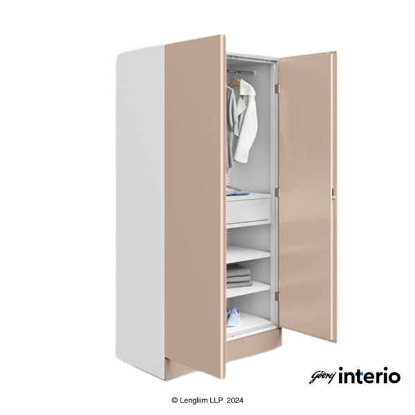 Godrej Interio Auraline Men Basic 2 Door Almirah (Textured Affogato) Front Angle View with Door Open & Props