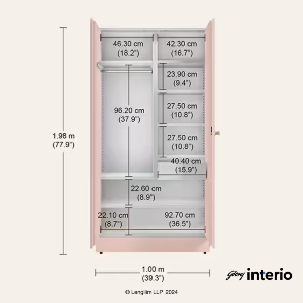 Godrej Interio Auraline Women Basic 2 Door Almirah (Matte Peach Whip) Dimensions Interior