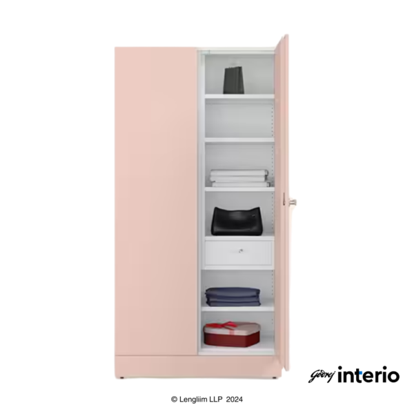 Godrej Interio Auraline Women Basic 2 Door Almirah (Matte Peach Whip) Front View with one Door Open & Props