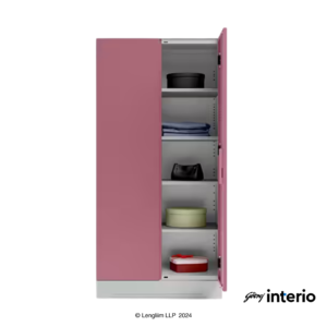 Godrej Interio Slimline 2 Door Almirah (4 Shelves, Dusty Rose) Front View with Right Door Open & Props