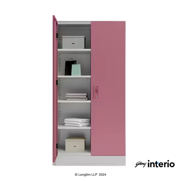 Godrej Interio Slimline 2 Door Almirah (4 Shelves, Dusty Rose) Front View with Left Door Open & Props