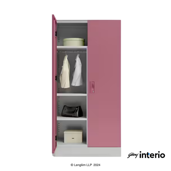 Godrej Interio Slimline 2 Door Almirah (Locker, Dusty Rose) Front View with Left Door Open and Props