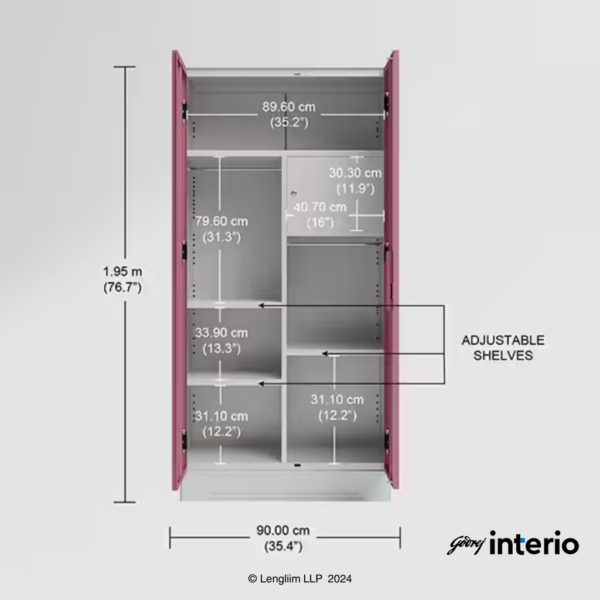 Godrej Interio Slimline 2 Door Almirah (Locker, Dusty Rose) Interior Dimensions