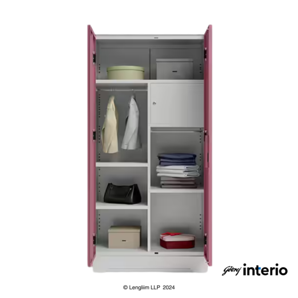 Godrej Interio Slimline 2 Door Almirah (Locker, Dusty Rose) Front View with Both Doors Open and Props