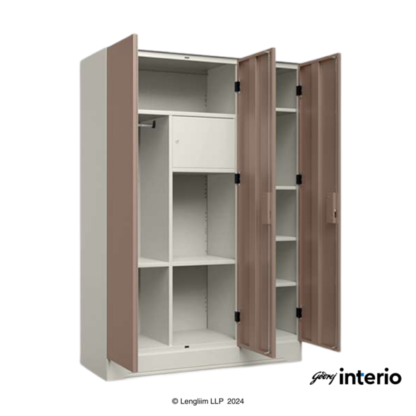 Godrej Interio Slimline 3 Door Almirah (Locker, Portabella) Front Angle View with Doors Open