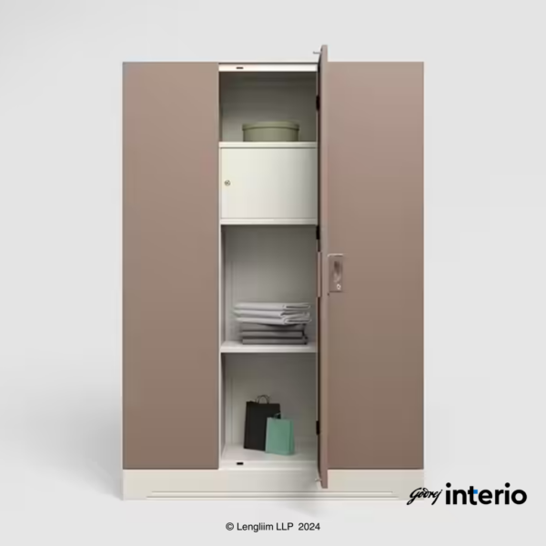 Godrej Interio Slimline 3 Door Almirah (Locker, Portabella) Front View with Middle Door Open