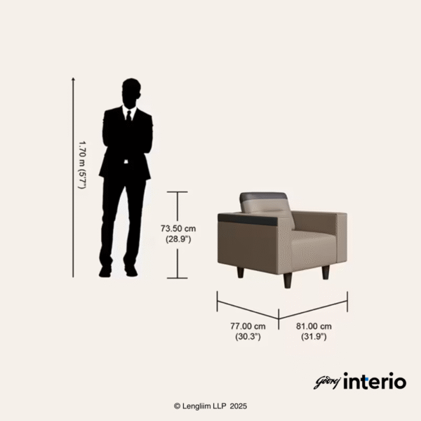 Godrej Interio Vespera 1 Seater Sofa (Synthetic Leather, Black Peanut) Dimensions