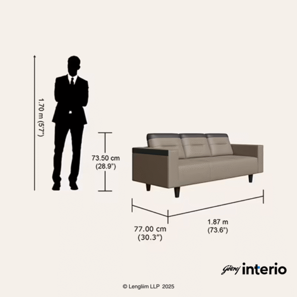 Godrej Interio Vespera 3 Seater Sofa (Synthetic Leather, Black Peanut) Dimensions