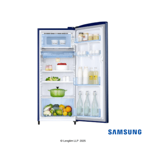 Samsung 183 Liters 3 Star Single Door Refrigerator (Camellia Blue, RR20C2723CU) Front View Interior with props