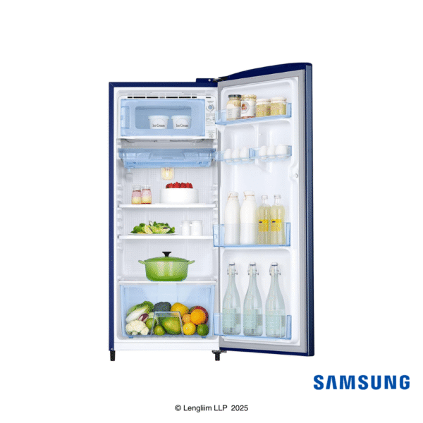 Samsung 183 Liters 3 Star Single Door Refrigerator (Camellia Blue, RR20C2723CU) Front View Interior with props