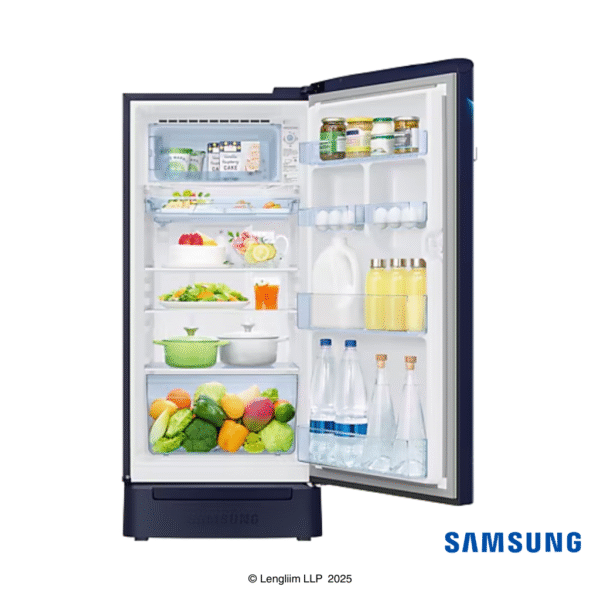 Samsung 189 Liters 5 Star Single Door Refrigerator (Midnight Blossom Blue, RR21C2H25UZHL) Front View Interior with props
