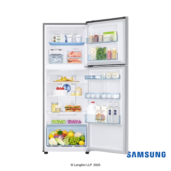 Samsung 301 Liters 2 Star Convertible Double Door Fridge (Elegant Inox, RT34C4522S8) Front View Interior with props