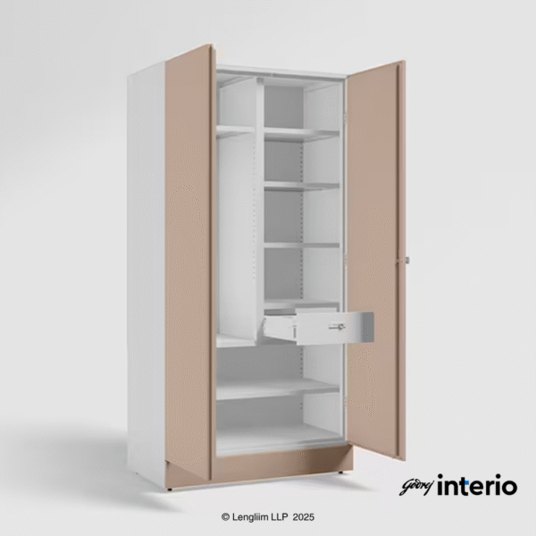 Godrej Interio Auraline Women Basic 2 Door Steel Almirah (Affogato Tex) Front Angle View with Doors Open 2