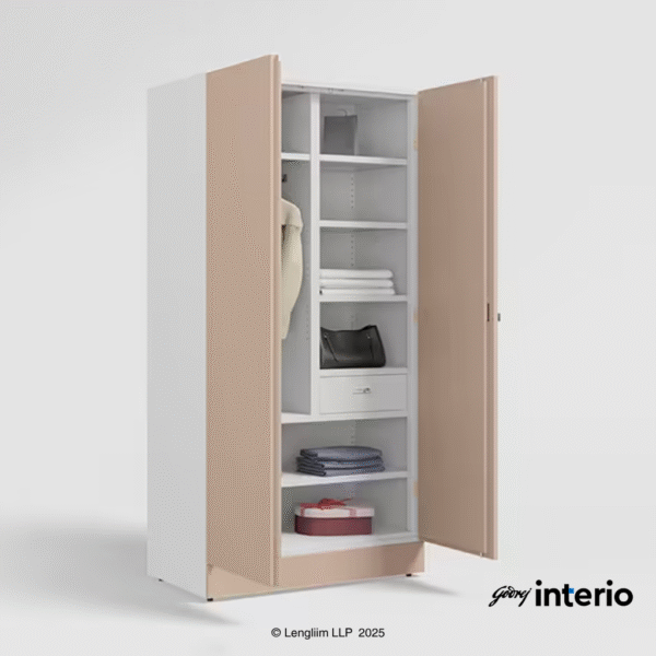 Godrej Interio Auraline Women Basic 2 Door Steel Almirah (Affogato Tex) Front Angle View with Doors Open with Props