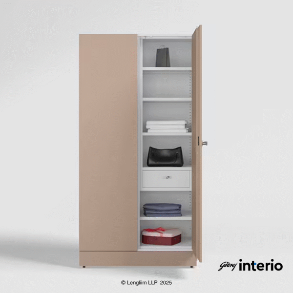 Godrej Interio Auraline Women Basic 2 Door Steel Almirah (Affogato Tex) Front View with Right Door Open with Props