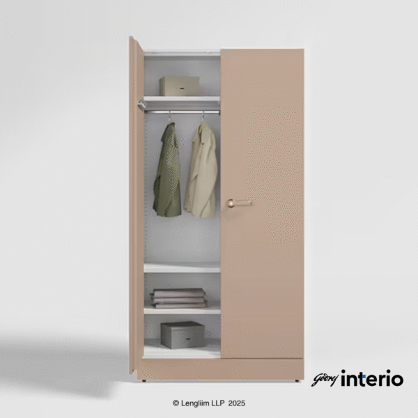 Godrej Interio Auraline Women Basic 2 Door Steel Almirah (Affogato Tex) Front View with Left Door Open with Props